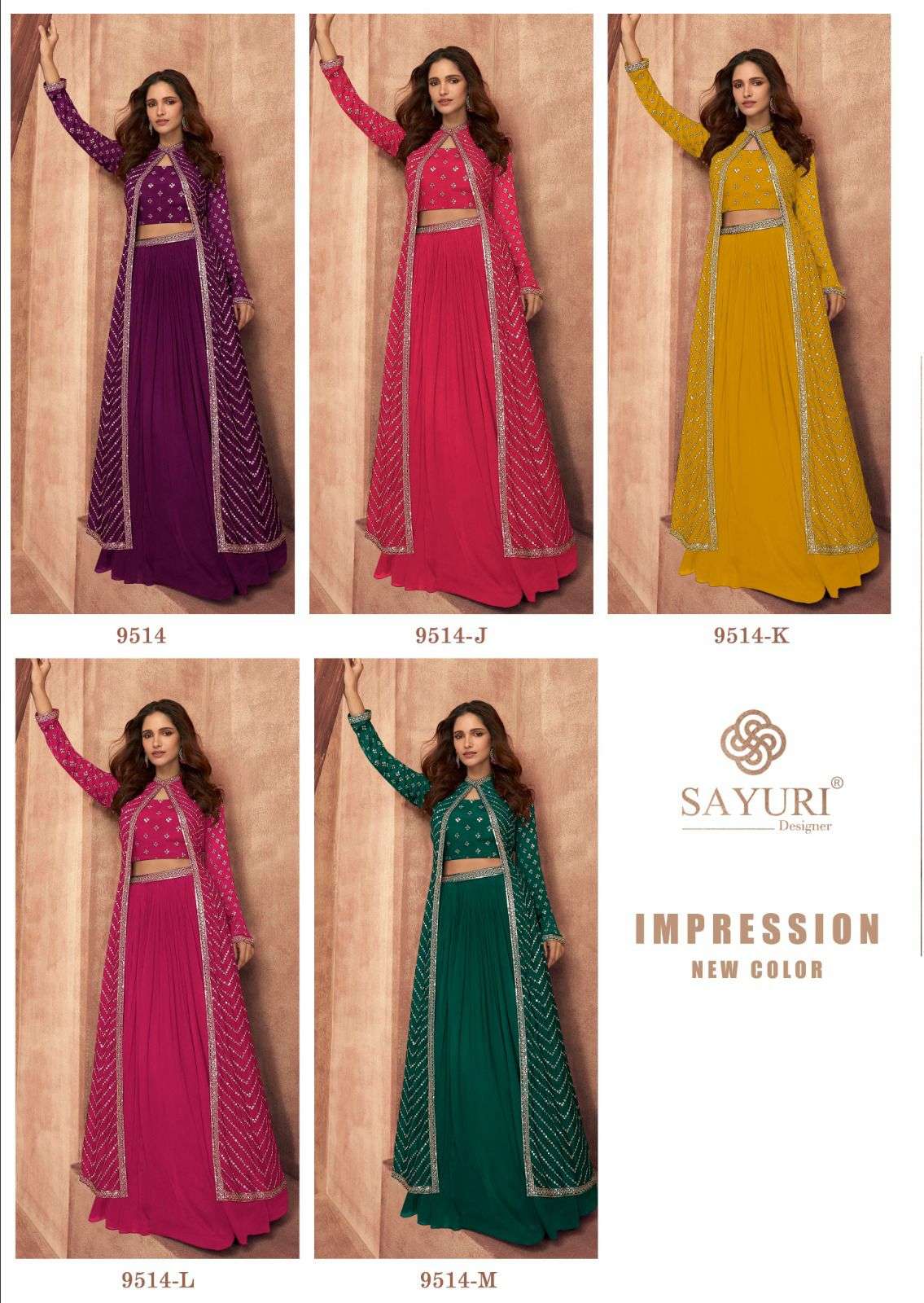 MPRESSION NEW COLOR CHINON SILK HANDWORK CROP TOP WITH SKIRT AND SHRUG BY SAYURI DESIGNER INDEX